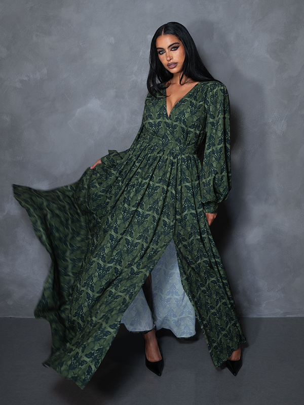PRE-ORDER - CRIMSON PEAK Belladonna Maxi Dress in Allerdale Moth Wallpaper Print