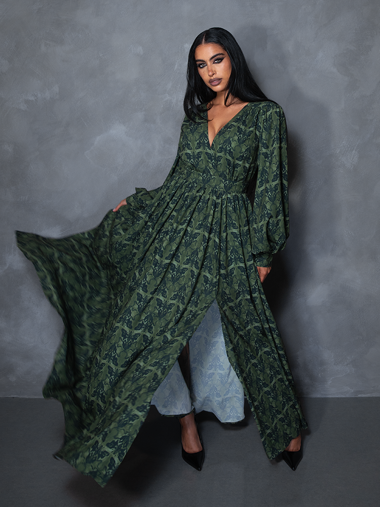 PRE-ORDER - CRIMSON PEAK Belladonna Maxi Dress in Allerdale Moth Wallpaper Print