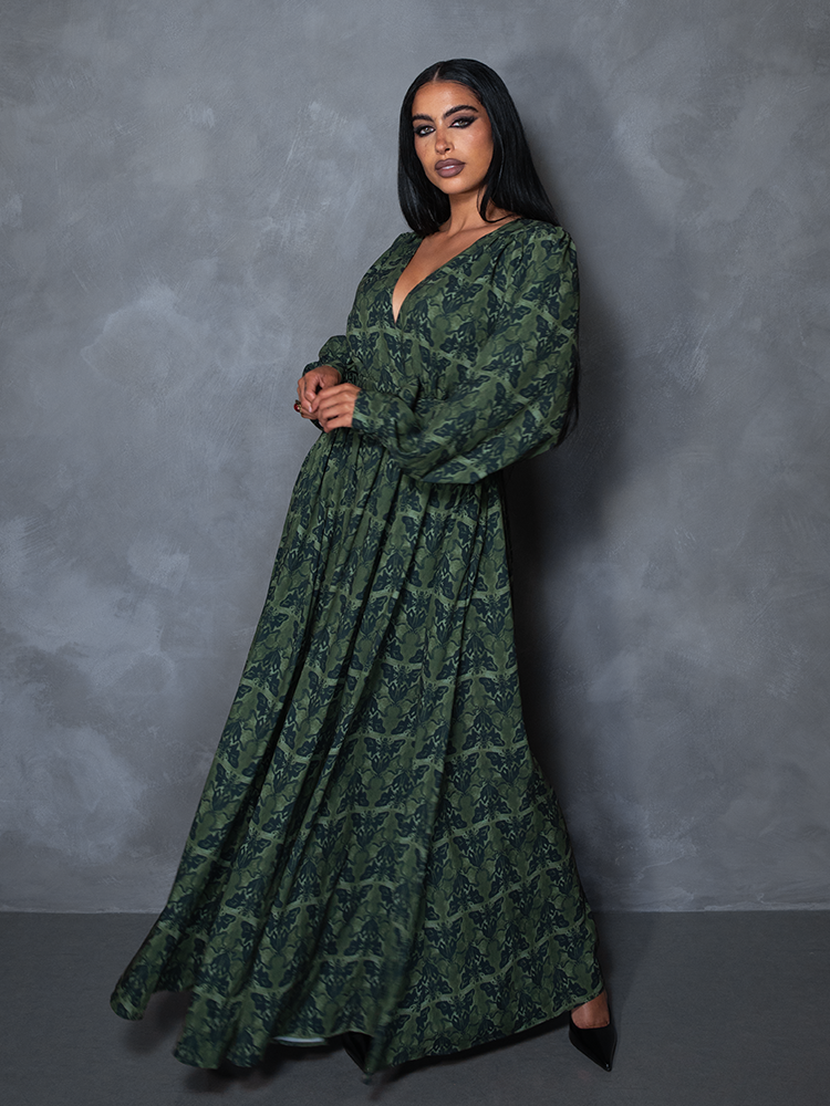 PRE-ORDER - CRIMSON PEAK Belladonna Maxi Dress in Allerdale Moth Wallpaper Print