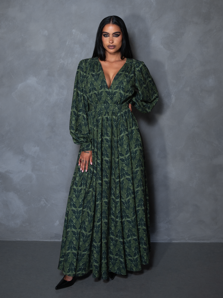 PRE-ORDER - CRIMSON PEAK Belladonna Maxi Dress in Allerdale Moth Wallpaper Print