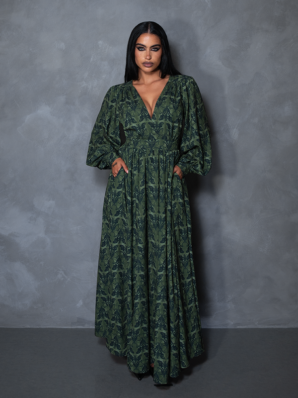 PRE-ORDER - CRIMSON PEAK Belladonna Maxi Dress in Allerdale Moth Wallpaper Print