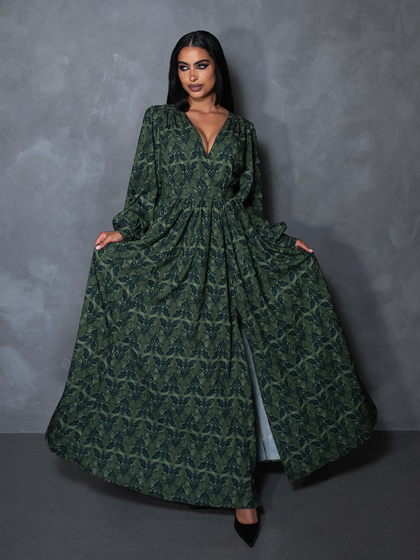 PRE-ORDER - CRIMSON PEAK Belladonna Maxi Dress in Allerdale Moth Wallpaper Print