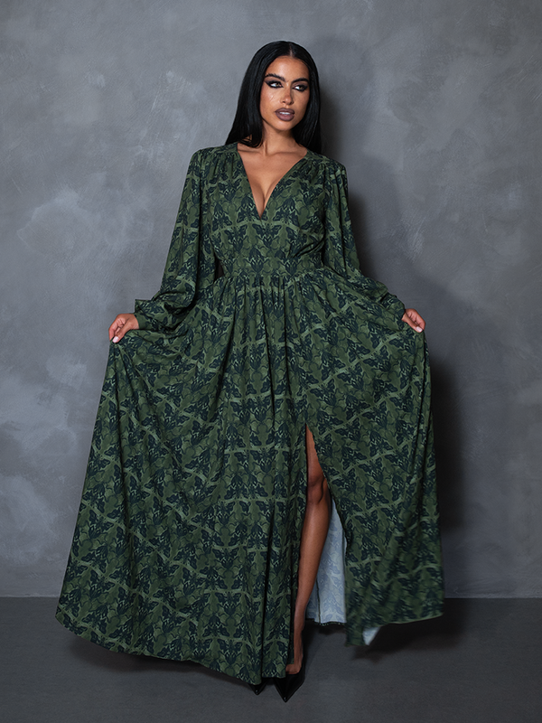PRE-ORDER - CRIMSON PEAK Belladonna Maxi Dress in Allerdale Moth Wallpaper Print