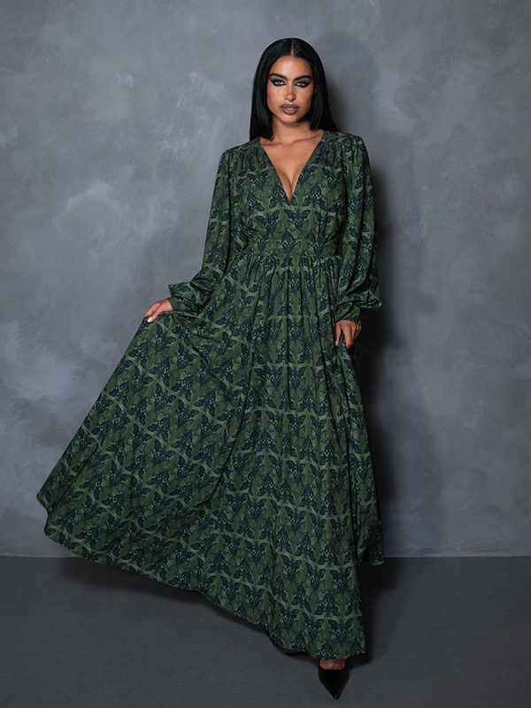 PRE-ORDER - CRIMSON PEAK Belladonna Maxi Dress in Allerdale Moth Wallpaper Print