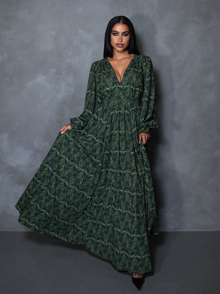 PRE-ORDER - CRIMSON PEAK Belladonna Maxi Dress in Allerdale Moth Wallpaper Print