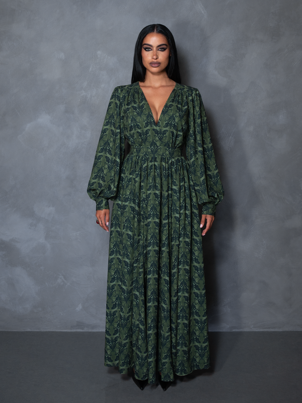 PRE-ORDER - CRIMSON PEAK Belladonna Maxi Dress in Allerdale Moth Wallpaper Print