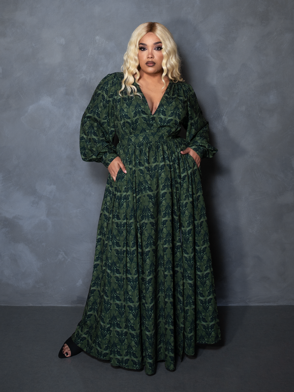 PRE-ORDER - CRIMSON PEAK Belladonna Maxi Dress in Allerdale Moth Wallpaper Print