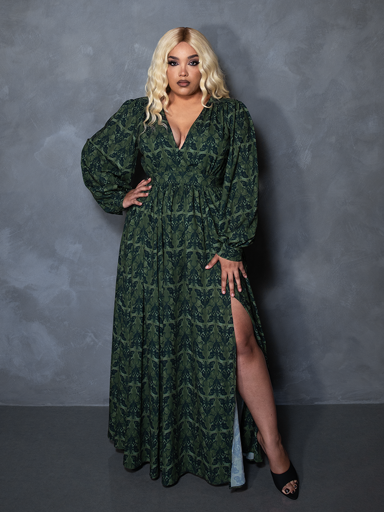 PRE-ORDER - CRIMSON PEAK Belladonna Maxi Dress in Allerdale Moth Wallpaper Print