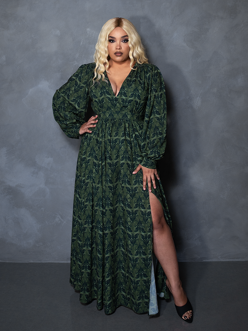 PRE-ORDER - CRIMSON PEAK Belladonna Maxi Dress in Allerdale Moth Wallpaper Print