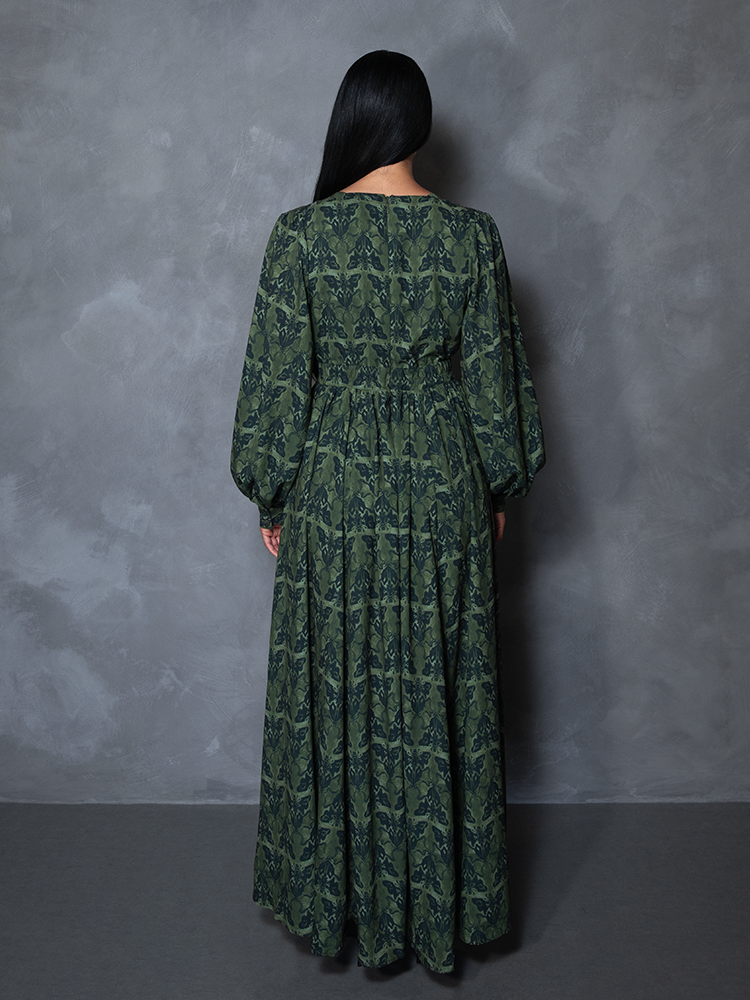 PRE-ORDER - CRIMSON PEAK Belladonna Maxi Dress in Allerdale Moth Wallpaper Print