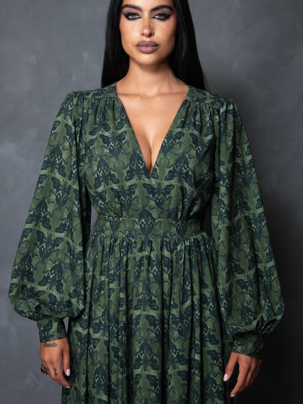 PRE-ORDER - CRIMSON PEAK Belladonna Maxi Dress in Allerdale Moth Wallpaper Print