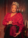 Featuring gothically gorgeous female models, the Taffeta Edwardian Blouse in Crimson Red is showcased through an array of poses.
