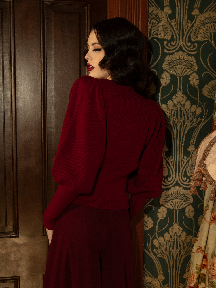 A must-have for gothic fashion lovers, this crimson Victorian cardigan blends intricate knitwork with voluminous sleeves and a tailored waist for dramatic beauty.

