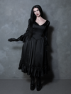A female model captures the classic essence of midnight beauty in an enchanting black satin gothic clothing masterpiece.