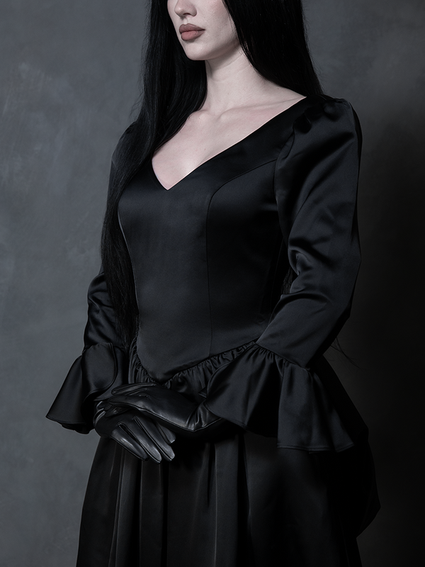 Dark Romance Satin Bustle Dress in Black XS / Black