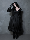 The perfect blend of dark elegance and antique romance, a female model showcases an exquisite black satin gothic dress.