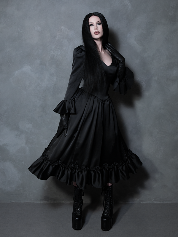Dark Romance Satin Bustle Dress in Black XS / Black