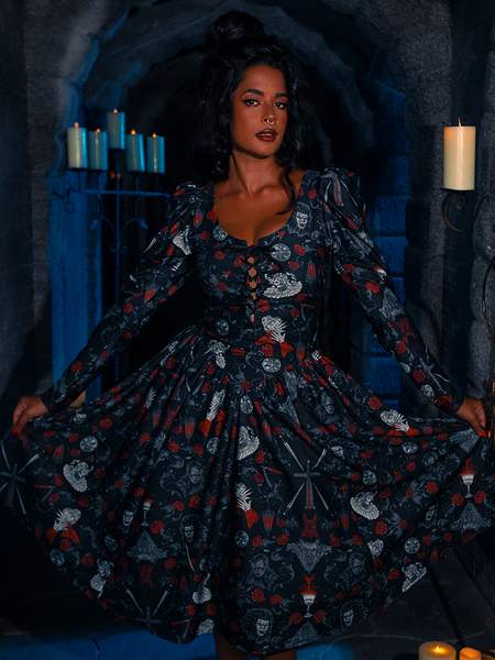 Amidst the shadows of a dimly lit dungeon, an enchanting model strikes a pose in the BRAM STOKER'S DRACULA Gothic Tales Swing Dress in Dracula Novelty Print, a creation from the gothic clothing brand La Femme en Noir.