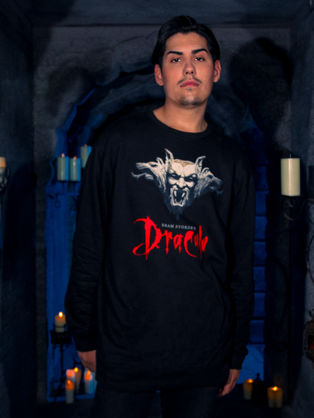Concealed within the dungeon's dim glow, the human model exhibits the Gargoyle Sculpture Sweatshirt in Black, a piece of art from La Femme en Noir's BRAM STOKER'S DRACULA collection.