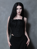 Perfect for the modern Whimsigoth aesthetic, a female model wears a captivating black sateen corset.