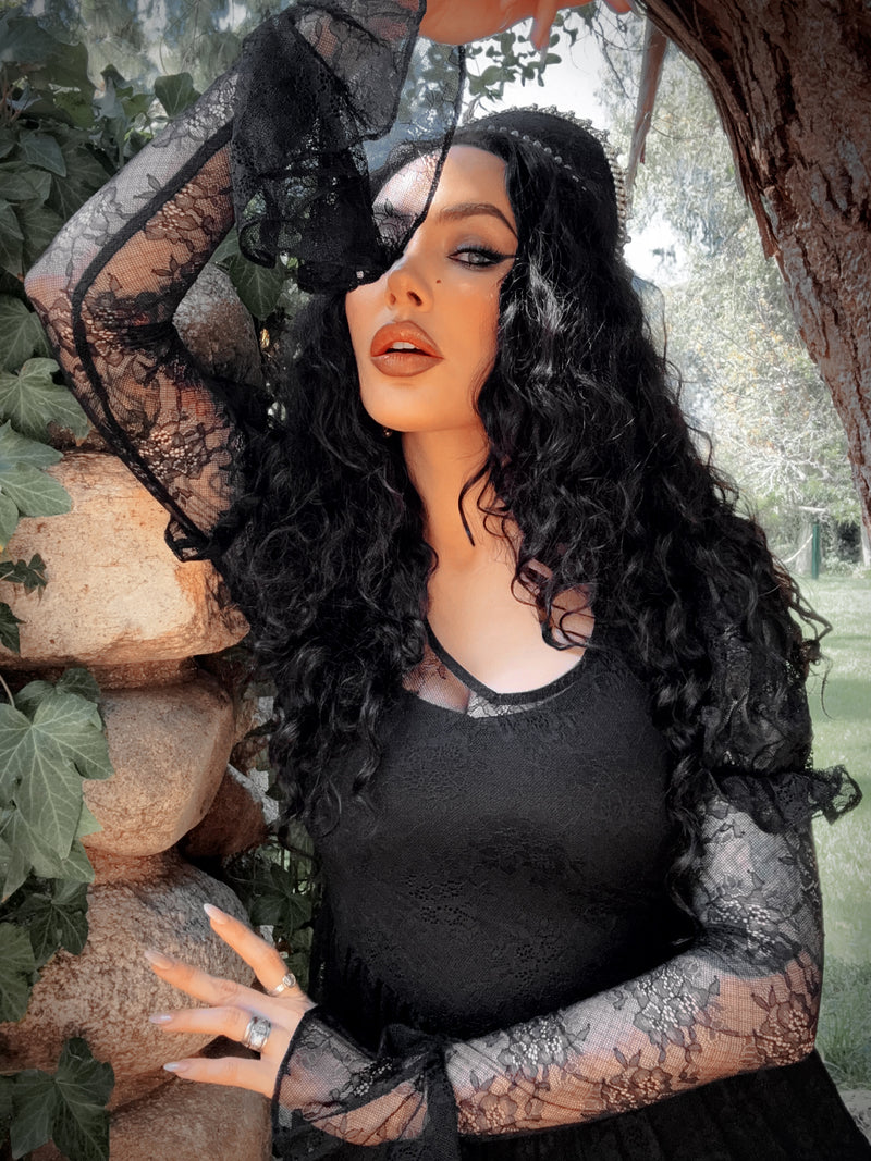 Juliet Sheer Lace Maxi Dress in Black
