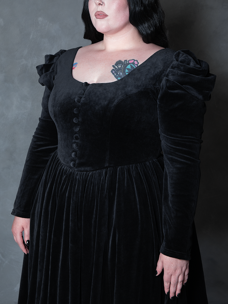 Female model wearing the Haunted Beauty Victorian Mourning Dress & Capelet Set in Black, reflecting dark elegance dress culture and mysterious charm.