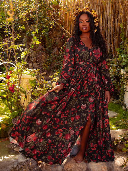 Heroine Maxi Dress in Pomegranate Print Gothic Style Clothing La Femme En Noir