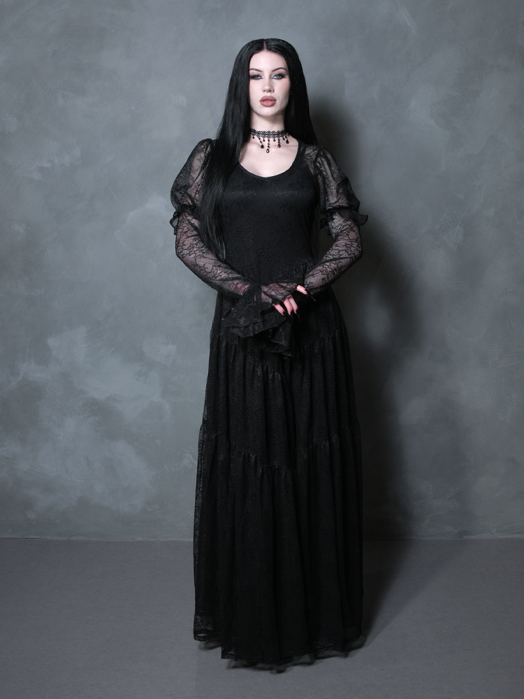 Juliet Sheer Lace Maxi Dress in Black