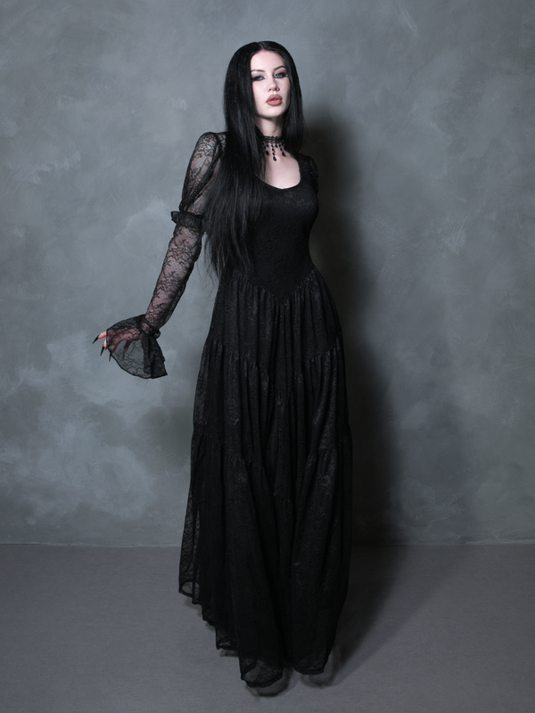Juliet Sheer Lace Maxi Dress in Black