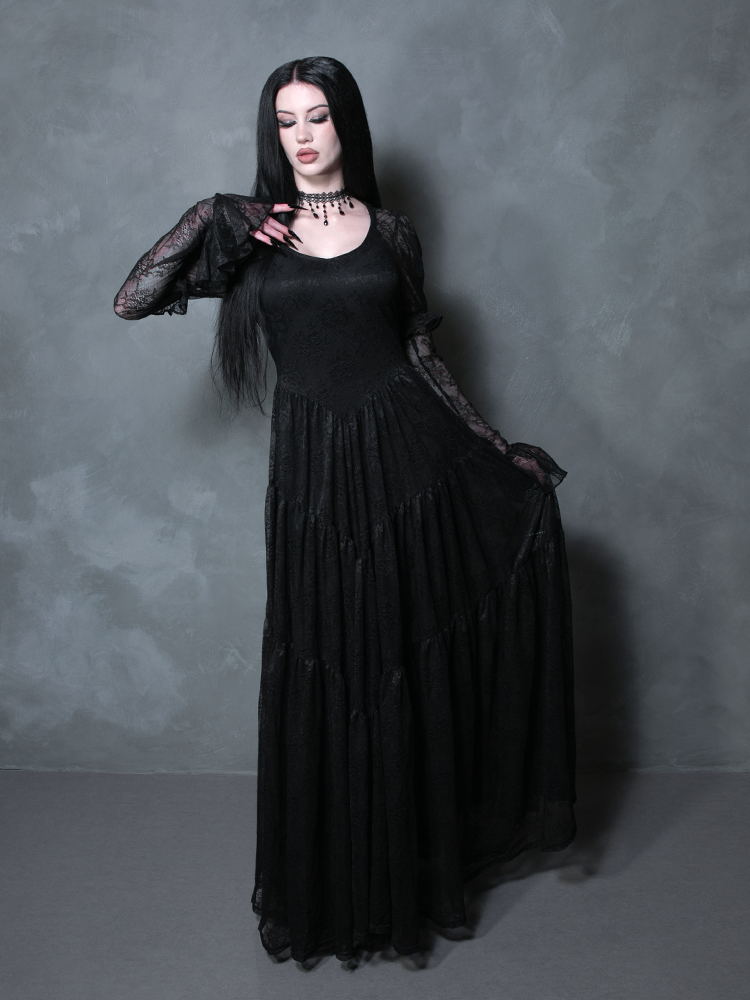 Juliet Sheer Lace Maxi Dress in Black