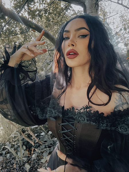 Black Veil with Embroidered Lace Trim