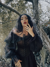 Sheer, voluminous balloon sleeves evoke a sense of Whimsigoth mystery, drifting like shadows around the arms of this enchanting gothic glamour piece.