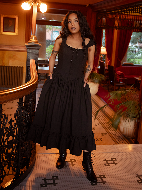 Whispers of moonlight trace the lace trim of the Nightshade Underpinning Dress in Antique Black, where velvet shadows kiss the skin in timeless allure.