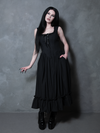 Exuding an irresistible, mysterious charm, a female model perfectly defines gothic style clothing in the Nightshade Underpinning Dress in Antique Black.
