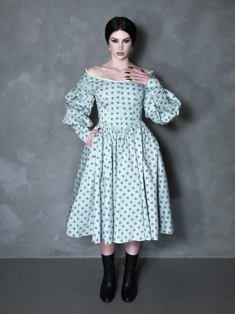 PRE-ORDER - NOSFERATU Ellen Victorian Dress in Blue Floral Print