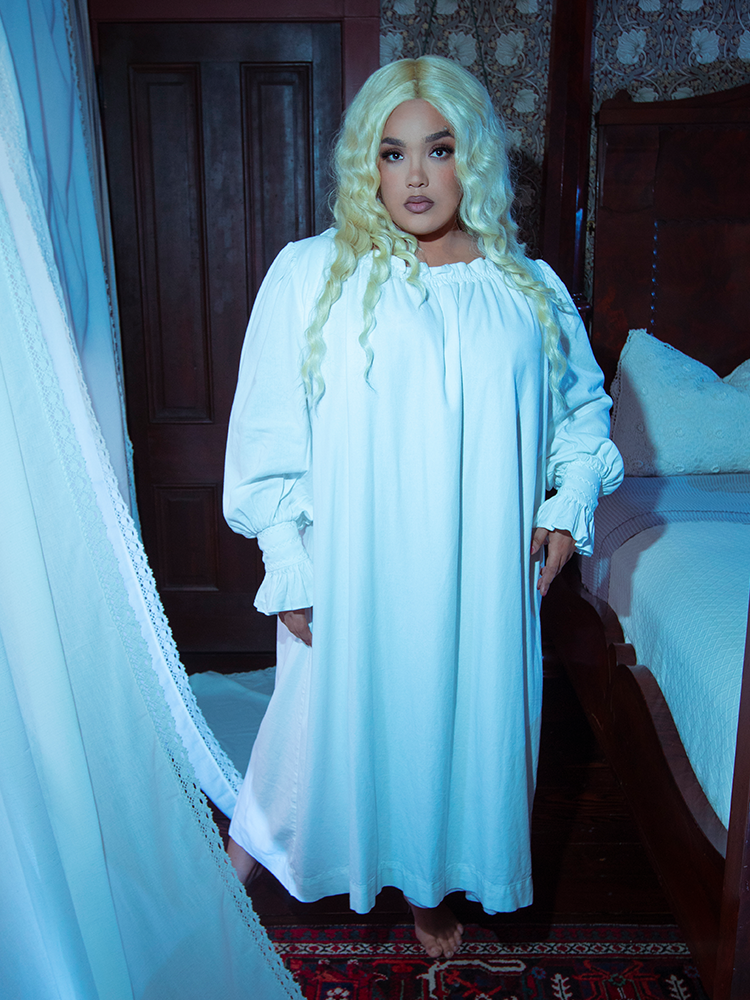 Hauntingly beautiful, the Victorian Sleeping Dress in Ivory is a masterpiece of soft fabrics and vintage-inspired detailing for gothic evenings.