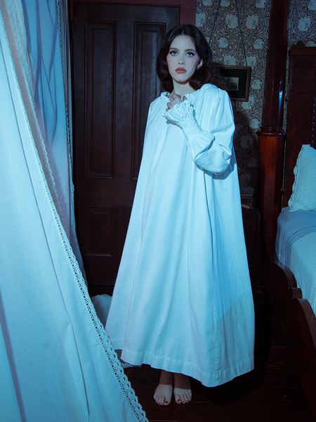 This Victorian Sleeping Dress combines soft ivory fabric with vintage charm, creating a piece that’s equally suited for gothic nights or tranquil days.

