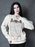 Exuding an exquisite Victorian Goth aesthetic, a female model seamlessly blends vintage darkness with modern alternative fashion in a hauntingly elegant graphic sweatshirt.