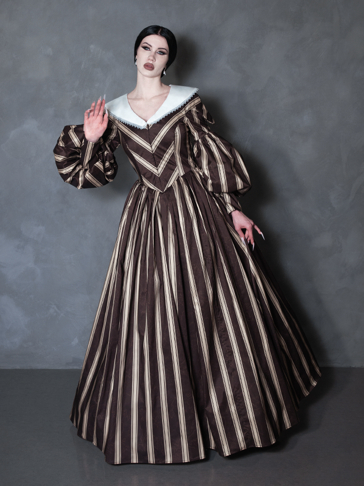 PRE-ORDER - NOSFERATU Taffeta Dress in Brown Stripes