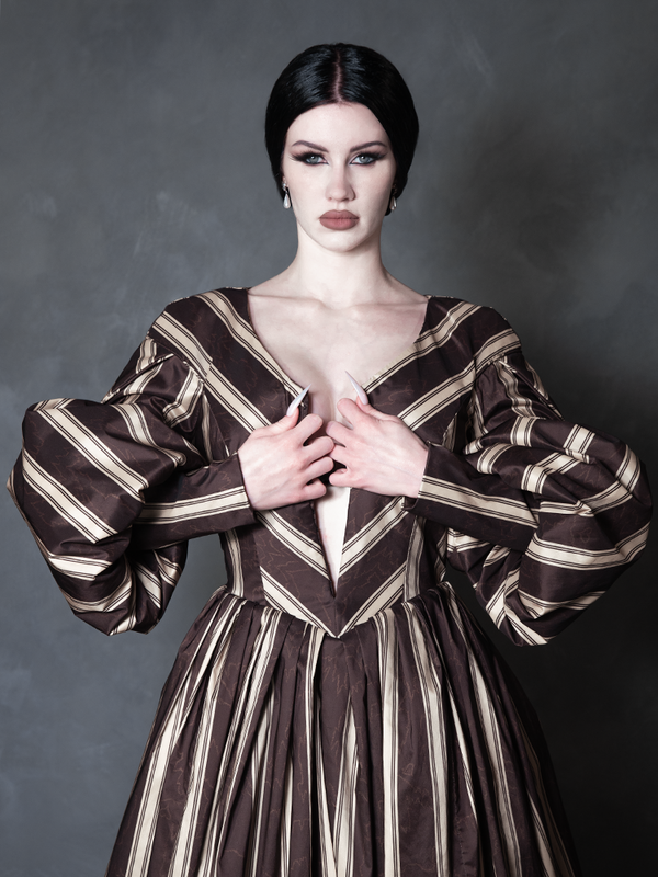 PRE-ORDER - NOSFERATU Taffeta Dress in Brown Stripes