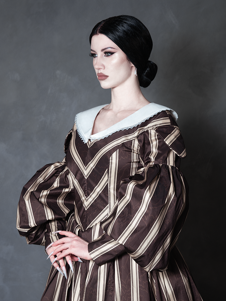 PRE-ORDER - NOSFERATU Taffeta Dress in Brown Stripes