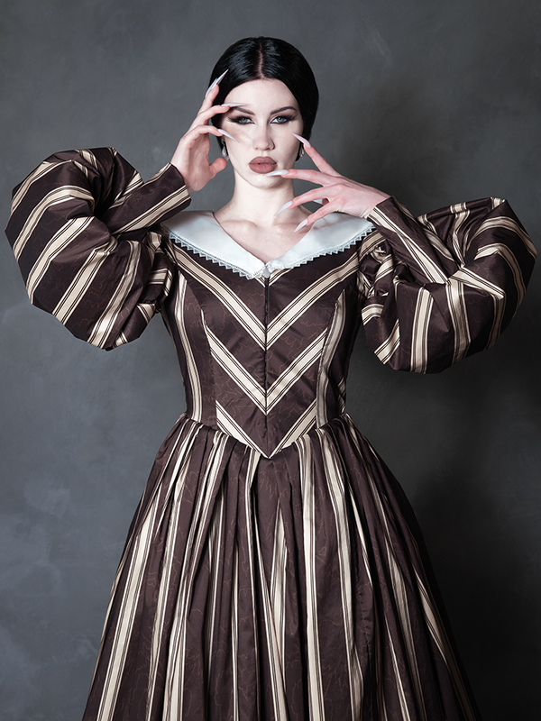 PRE-ORDER - NOSFERATU Taffeta Dress in Brown Stripes