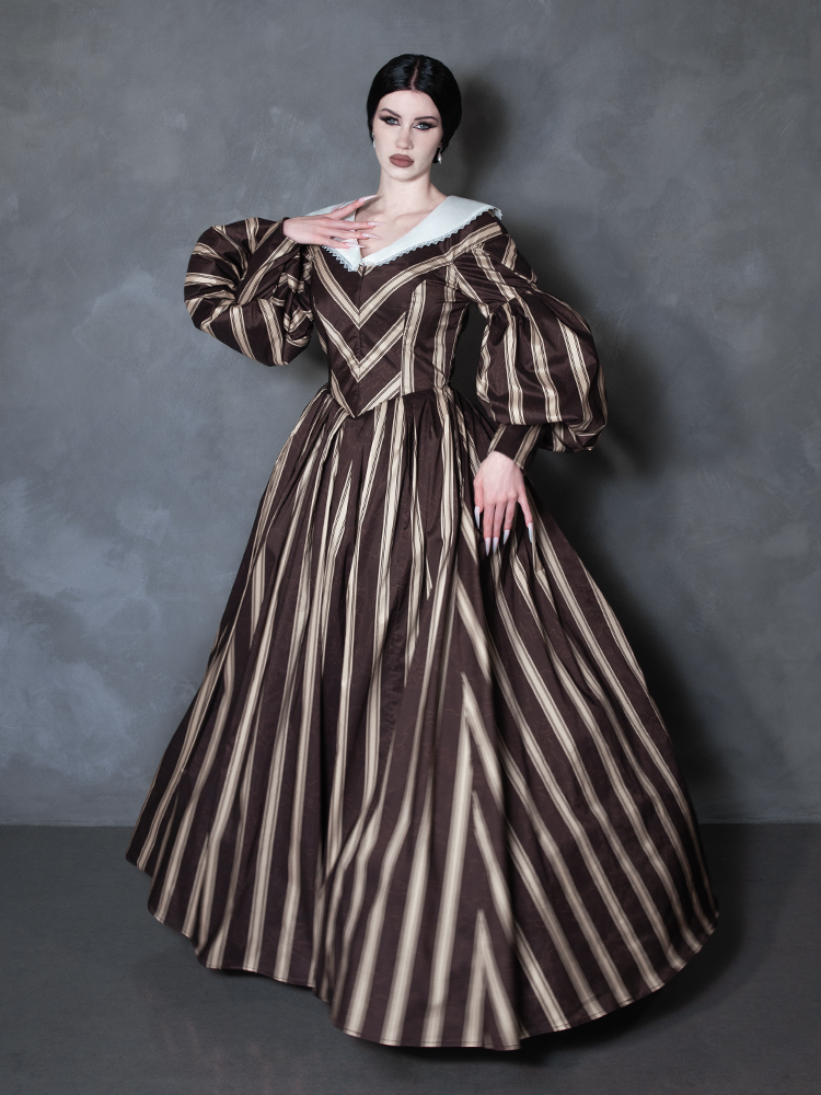 PRE-ORDER - NOSFERATU Taffeta Dress in Brown Stripes