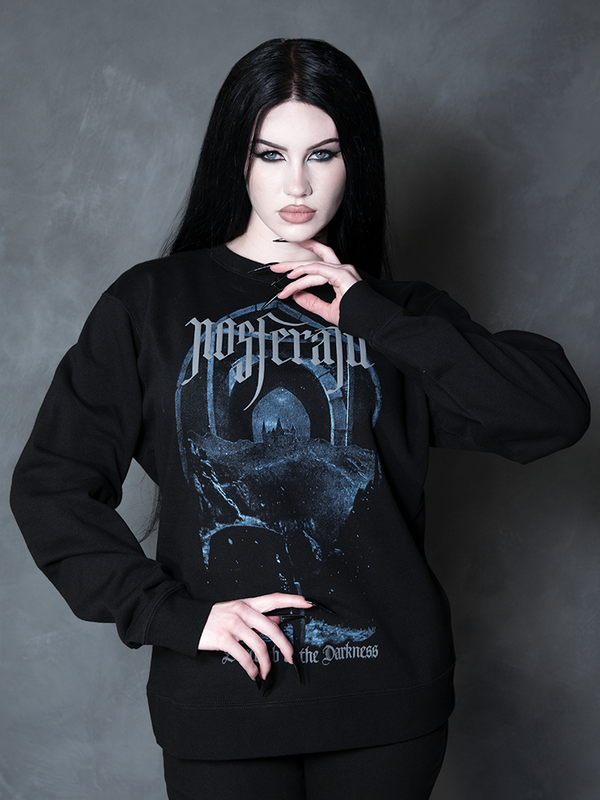 A striking vision of dark elegance, a female model embodies gothic glamour in a beautifully cozy, shadow-hued sweatshirt steeped in cinematic mystery.
