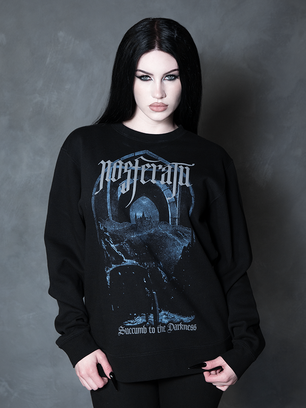 Exuding an exquisite Victorian Goth aesthetic, a female model seamlessly blends vintage darkness with modern alternative fashion in a hauntingly elegant graphic sweatshirt.