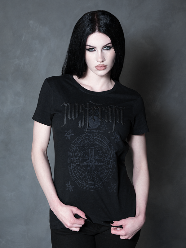 Exuding an exquisite Victorian Goth aesthetic, a female model seamlessly blends vintage darkness with modern alternative fashion in a hauntingly elegant graphic shirt.