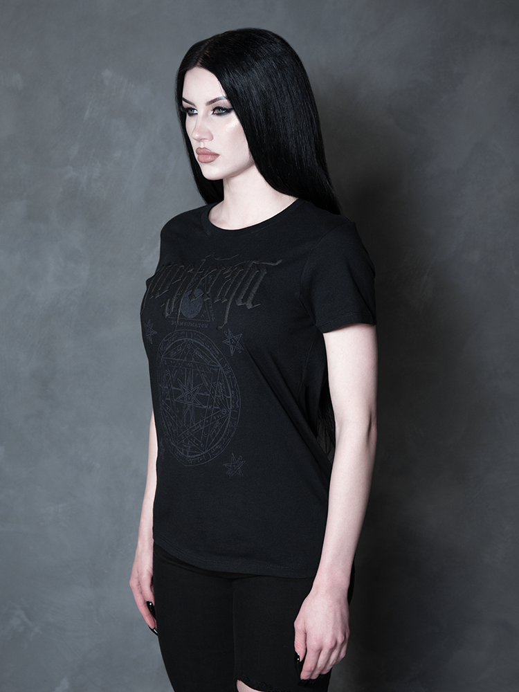 A female model channels high-fashion vampire romance, her darkly enchanting ensemble centered around a premium gothic apparel piece designed for the macabre wardrobe.