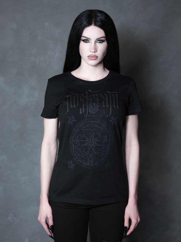 Enveloped in nocturnal mystery, a model styled in dramatic gothic clothing captures the ultimate essence of classic noir horror with a striking, form-flattering black tee.