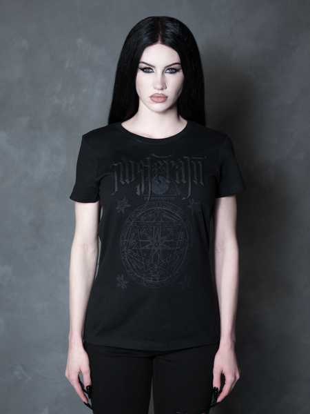 Enveloped in nocturnal mystery, a model styled in dramatic gothic clothing captures the ultimate essence of classic noir horror with a striking, form-flattering black tee.