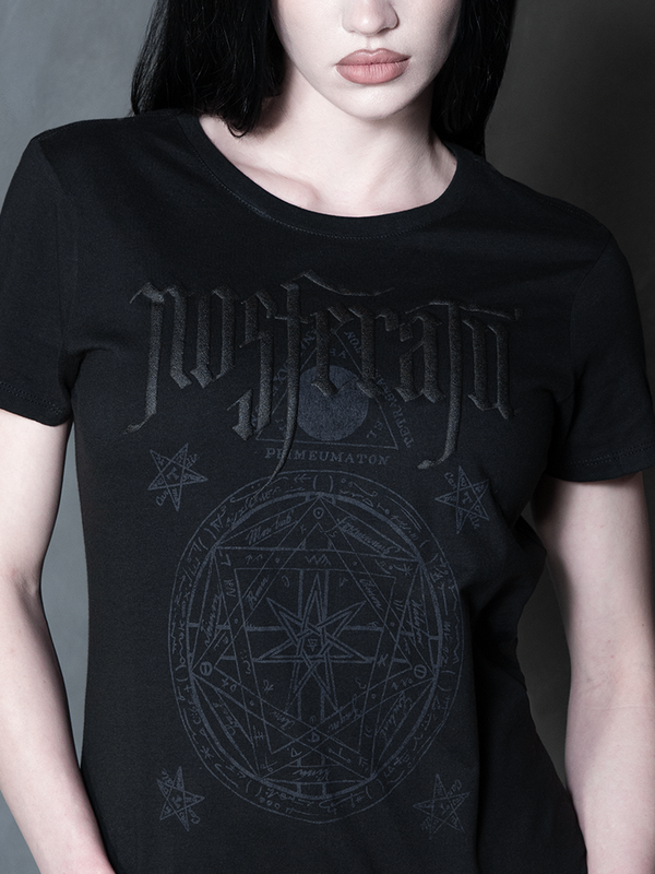 Steeped in romantic melancholy, a model styled in Whimsigoth inspired clothing showcases a sleek, form-fitting black top that captures the timeless spirit of gothic horror.
